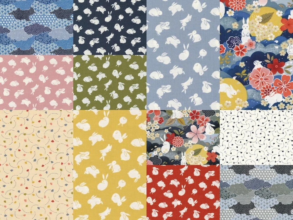 Лунный кролик восточная цветочная кисть студия азиатская пастель квилтинг хлопок  - Изображение 1 из 1