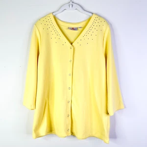 Quacker Factory Cardigan Women L Yellow Cotton Embellished Rhinestone Y2K Vtg - Picture 1 of 9