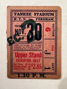 1939 N.Y.U vs Fordham Yankee Stadium Football Ticket Stub VERY GOOD Condition - Picture 1 of 2