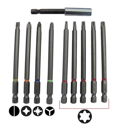 10pc Extended Long reach Screwdriver bit set Torx Posidrive Tribit T15 T20 T25 - Image 1 of 3