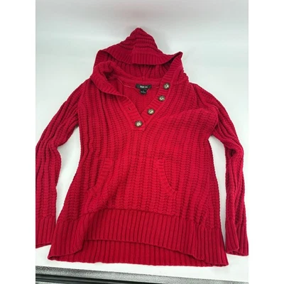 Style & Co Red Cable Knit Hooded Sweater Pockets Button Detail Women's M - Image 1 of 4