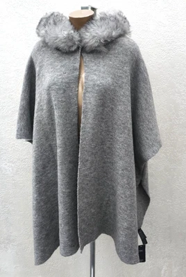 M&S Poncho Knit Coat One Size 8 10 12 14 16 18 20 22 Grey Jacket Fur Cape Hood - Image 1 of 4