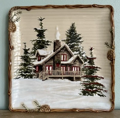 St. Nicholas Square “Snow Valley” Square Plate Cabin Pine Tree 10 1/2” - Image 1 of 4