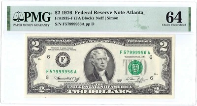 1976 $2 Fancy Serial Number Federal Reserve Note ☆☆ PMG 64 EPQ ☆☆ FR 1935-F 956 - Image 1 of 2