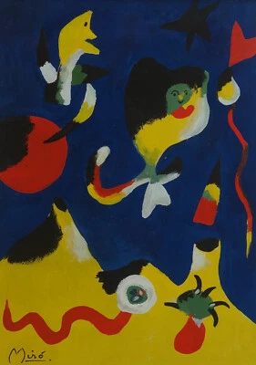 Pintura única fina – Personagens surreais, assinada por Joan Miro, com certificado de autenticidade - Imagem 1 de 4