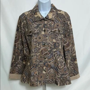 Analogy Women’s Size Large Tan Blue Geometric Pattern Embroidered Shirt Jacket - Picture 1 of 13