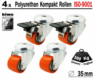 Polyurethan Schwerlast Rückenloch Lenk Rollen 4 x Ø 35mm Traglast 400 Kg / Br-Le