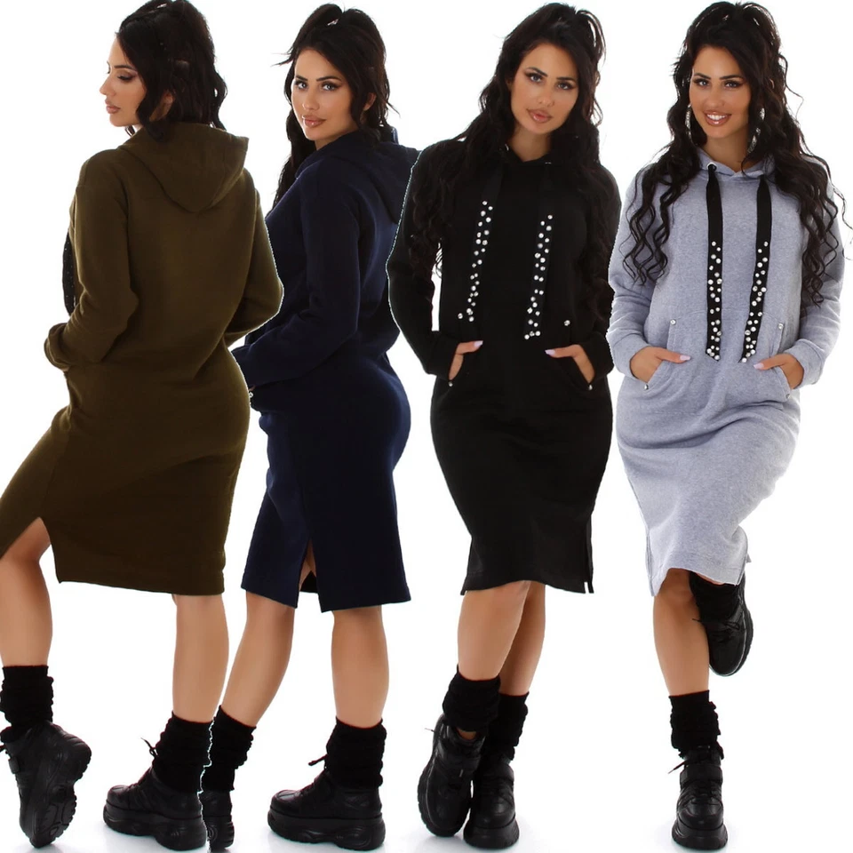 Damen Kapuzenkleid lang Pulloverkleid Glitzer Beinschlitz Oversize 36 38 40 42 - Bild 1 von 1