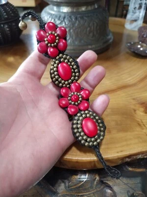 Vintage 1990s bohemian handcrafted woven bracelet red dyed howlite stones - Image 1 of 4