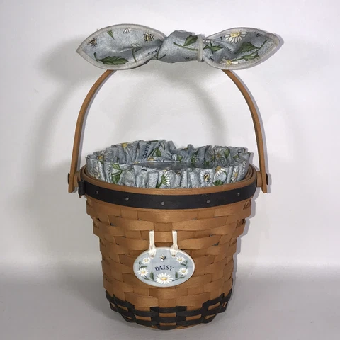 Longaberger 1999 May Series Daisy Basket w Liner Protector Tie On Handle Bow Cover