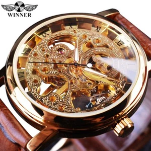 Transparent Golden Case Brown Leather Strap Mens Mechanical Skeleton Watch - Picture 1 of 27