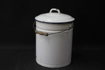 Ancien Seau Émail Seau À Cendres Poubelle Seau D'Eau Métal + Couvercle - Photo 1/4