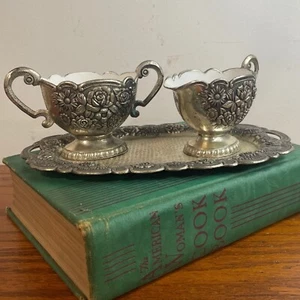 Vintage Silver Plated Creamer Sugar Bowl Tray Set Floral Design Ornate Decor - Picture 1 of 12