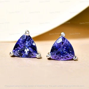 3Ct Trillion Cut Tanzanite Diamond Solitaire Stud Earring 14k White Gold Plated - Picture 1 of 5