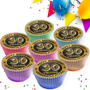 HAPPY 30TH BIRTHDAY PARTY BLACK AND GOLD EDIBLE CUPCAKE TOPPER DECORATION KD005