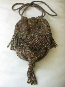 Antique Art Deco Iridescent Copper Brown Bead Fringe Tassel Drawstring Purse - Picture 1 of 10