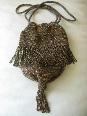 Antique Art Deco Iridescent Copper Brown Bead Fringe Tassel Drawstring Purse - Image 1 of 4