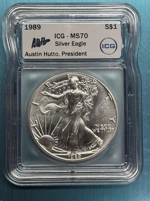 1989 American Silver Eagle $1 ASE ICG MS70 Signed by Austin Hutto - Image 1 of 4