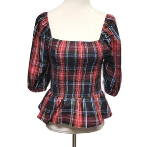 Draper James RSVP New Size L Smocked Peplum Top Elbow Sleeve Red Multi Plaid - Picture 1 of 8