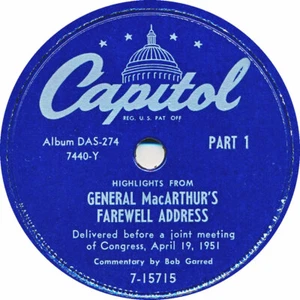 78 RPM - General Douglas MacArthur‘s Farewell Adress - 1951 - Foto 1 di 3