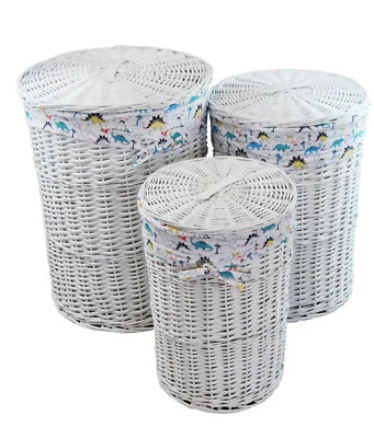 Wäschekorb weide rund weiss  m. Deckel Wäschesack dinosaurier 06WRd - Bild 1 von 4