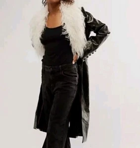 Free People Vegan Midnight Train Duster Black Trench Coat 90s Y2K Fur Collar S - Picture 1 of 11