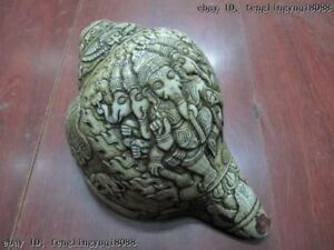 Tibet Buddhism trumpet shell Handwork Carve Elephant God of wealth Conch of Fame