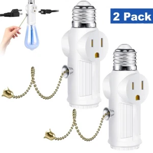 2X E26 Light Socket to Plug Adapter with Pull Chain 2/3 Prong Light Bulb Socket - Picture 1 of 11
