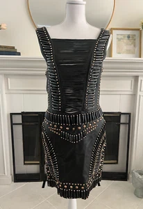 Nasty Gal Leather Beaded Studded Dress Sz L Black Coachella Festival Biker - Picture 1 of 9