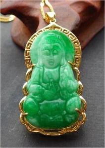 Yellow Gold Plated Green Jade Guanyin Kwan-yin Buddha Blessing Pendant Necklace - Picture 1 of 7