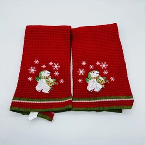 Juego de 2 toallas de cocina Polar Bear invierno copo de nieve rojo verde gofre tejido algodón - Imagen 1 de 5
