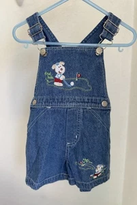 Vintage Denim Baby Shorts Overalls with Embroidered golfing dog size 12 month - Picture 1 of 15