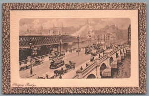 GLASGOW BRIDGE Postcard Trams Horse Cart People Scotland Tuck's Framed Serpia - Picture 1 of 6