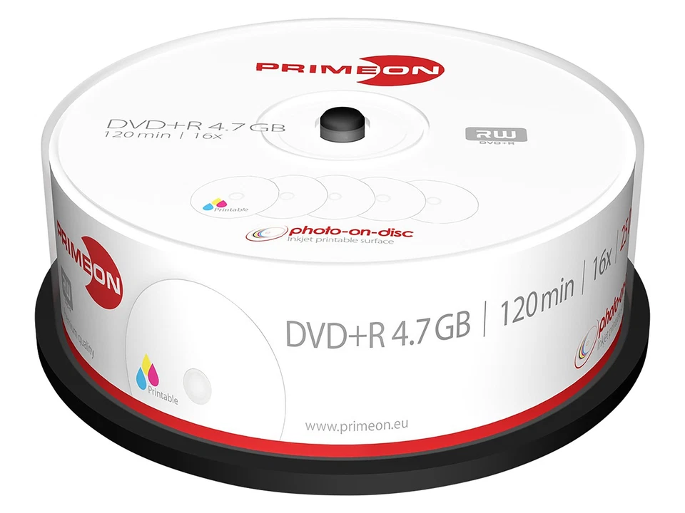 PRIMEON DVD-Rohling DVD+R 120Min 4.7GB 16x Cakebox 25 Stück printable - Bild 1 von 1