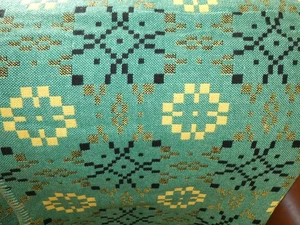 Vintage Welsh Wool Tapestry Blanket / Throw - Green Black Yellow 92" x 80" - Picture 1 of 5