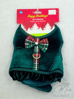 New Happy Howlidays Green Velvet Dog Harness w/ Plaid Bow Holiday Pet Outfit - Image 1 of 4