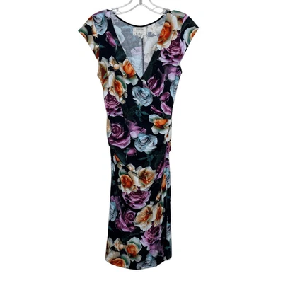 Nicole Miller Artelier Black Floral Short Sleeve Sheath Dress Size 4 Ruched - Image 1 of 4