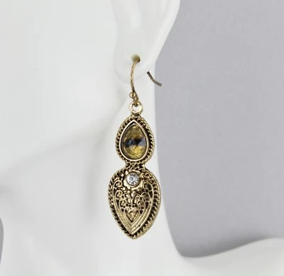 Pendientes medallón lágrima oro colgante gota 2" largo ligero ojo de tigre Foto 1 de 4