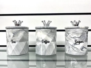 Tea Coffee Sugar Jar Grey Marble Storage Set Ceramic Air Tight Canisters - Picture 1 of 6