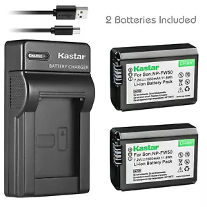 Kastar Battery 2-Pack and Charger for Sony NP-FW50 α3000 α5000 α5100 α6000 α6100 - Picture 1 of 5