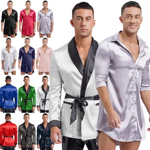 Men's Satin Smoking Jacket Pajamas Bathrobe Kimono Robe Sleepwear Nightwear - Picture 1 of 127