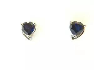 *NWT* Solid 10K White Gold Heart-Cut Blue Sapphire & CZ Stud Earrings - Picture 1 of 4
