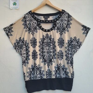 Style & Co Short Sleeve Blouse Women Size L Beige Black Tunic Top Sequins - Picture 1 of 9
