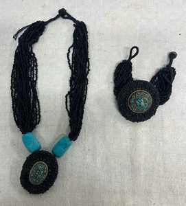 Magnifique collier et bracelet en petites perles de geai et turquoises - Imagen 1 de 8