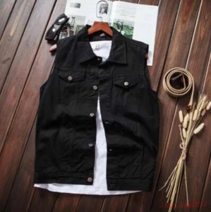 Men Casual New Denim Vest Sleeveless Thin Short Fashion Jacket Retro Waistcoat - Picture 1 of 5