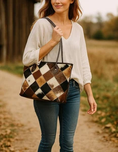 Genuine Cowhide Hair on Leather Tote Bag for Women | Western Fringe Handbag Gift - Picture 1 of 7