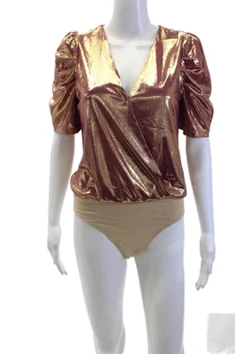 Wayf Womens Metallic Stretch Short Sleeve V-Neck Bodysuit Pink Size XS - Image 1 of 4