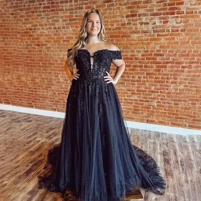 Black Oversized Bride Gowns With Pockets Puffy Off Shoulder Notch Neckline - Image 1 of 4