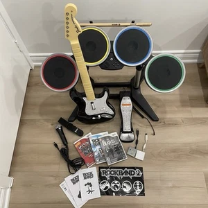 Nintendo Wii Rock Band Bundle Drums Pedal Sticks Guitar Mic & 3 Games Rockband - Picture 1 of 17