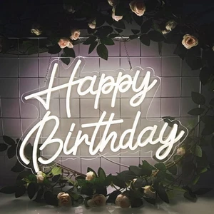 Insegna Neon Buon Compleanno Riutilizzabile Bianco Caldo LED Funzionante USB 5V 16,5"*11" - Foto 1 di 8